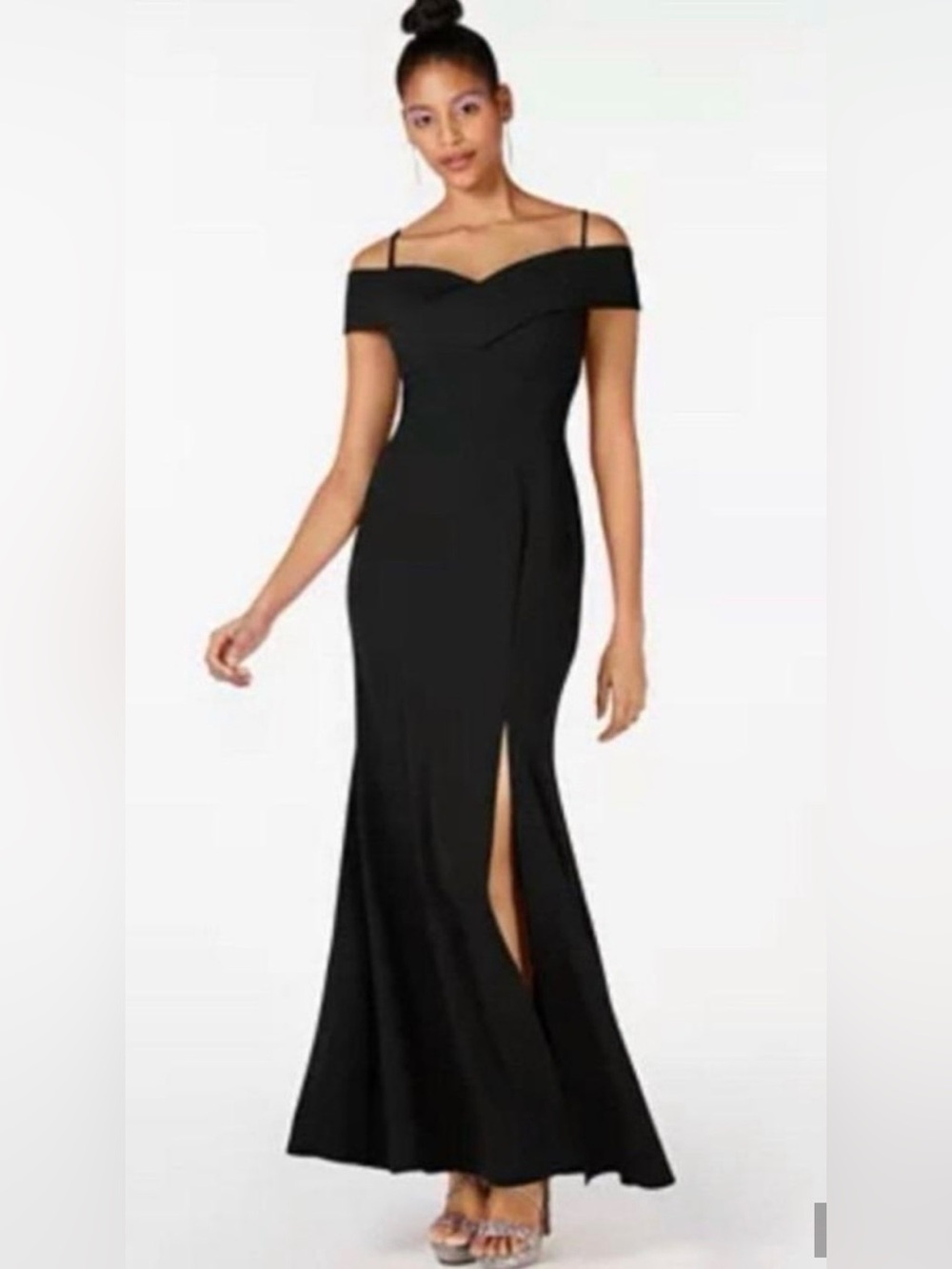 NIGHTWAY Womens Black Short Sleeve Off Shoulder Maxi Evening Sheath Dress 10
